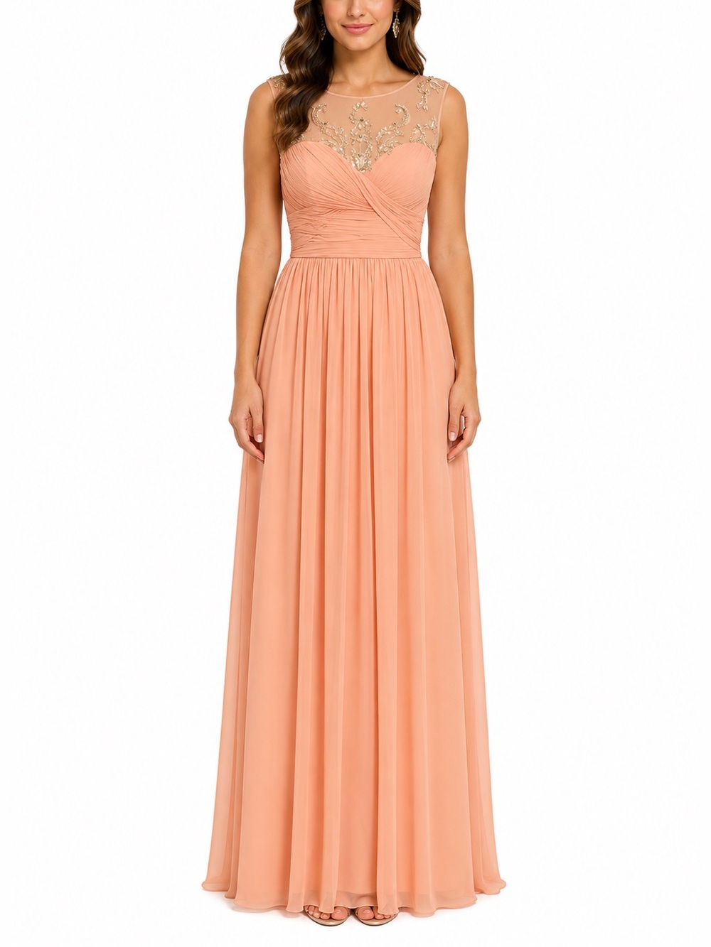 Franssical peach beaded gown with sheer panels & crew neck ruched dress 2